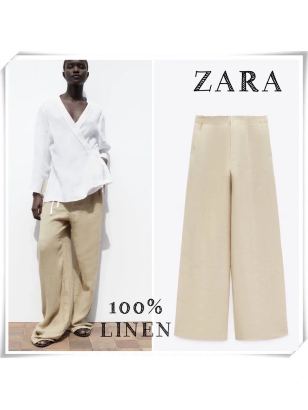 Zara Cream Wide-Leg Linen-Blend Pants